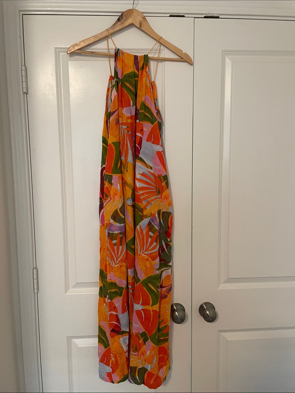 C&C California Halter Maxi Dress  in Orange Vibrant Tropical PrintM Linen blend